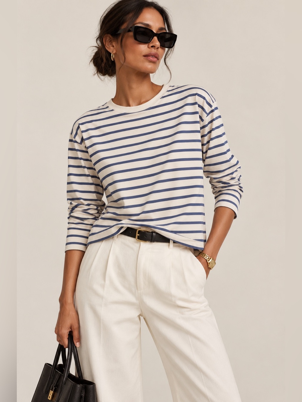 MNG by Mango Navy Blue & Cream Striped Long Sleeve Tee Shirt M